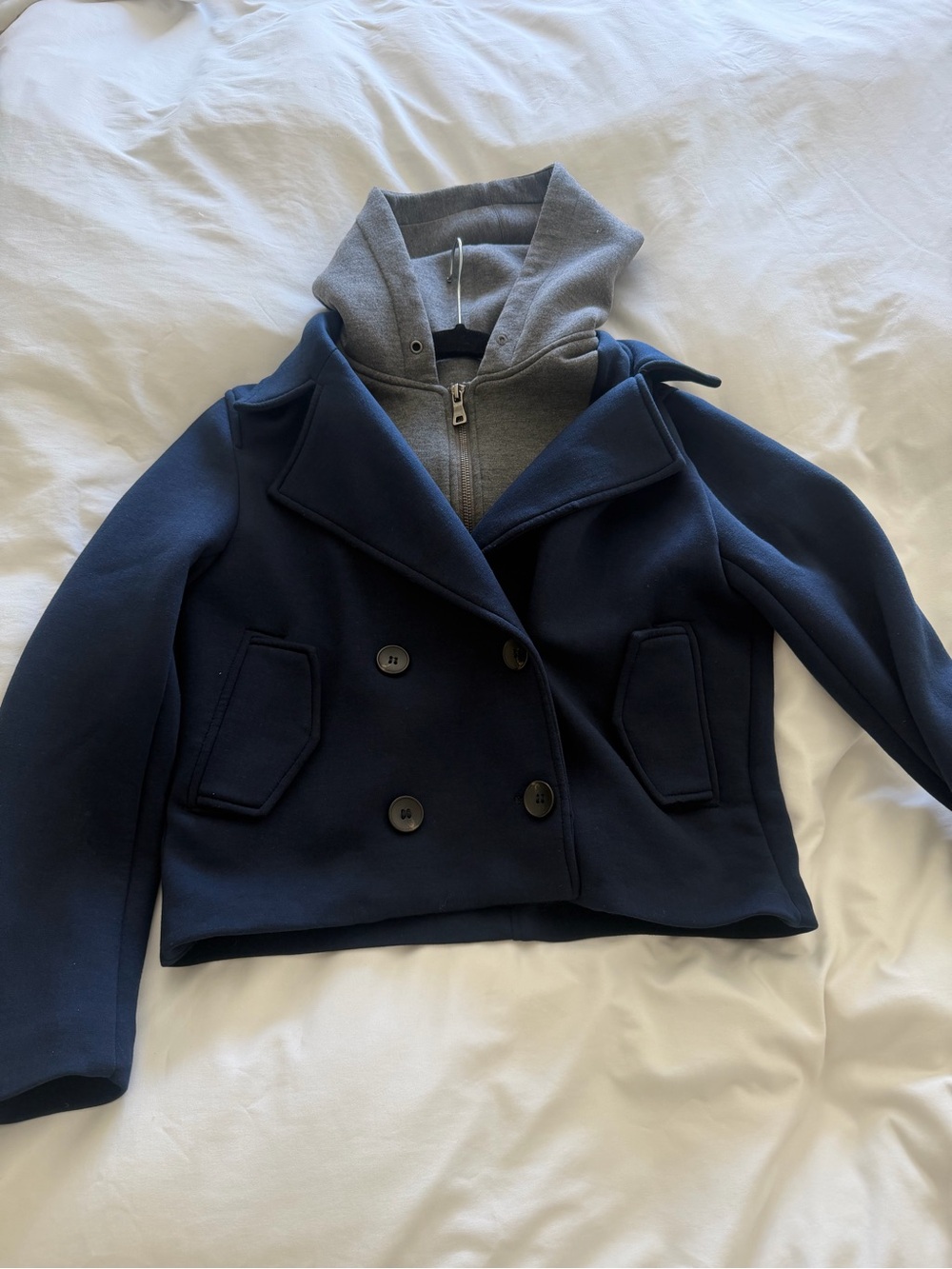 Maeve Navy Peacoat with Gray Hoodie Layer
